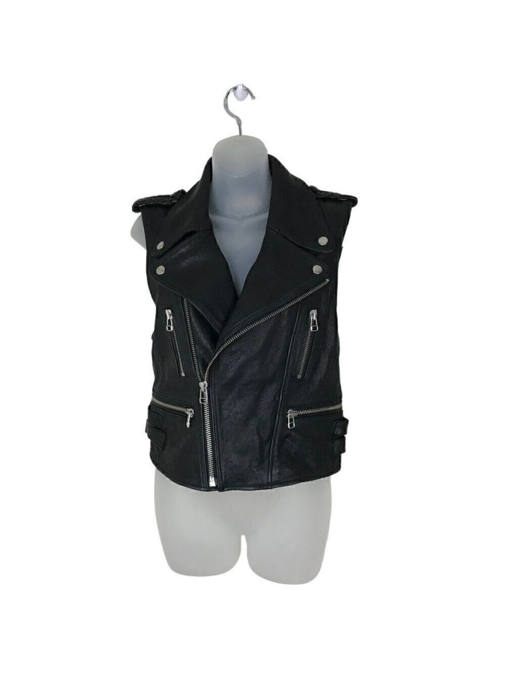 Faith Connexion Black Lamb Leather Biker Vest Size 36 (S)